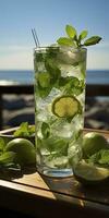 ai genererad fantastisk Foto av cocktail mojito, en solig sommar strand i de bakgrund. generativ ai