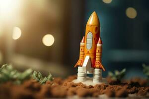 ai genererad leksak raket tar av företag och finanser Framgång begrepp. ai generativ foto