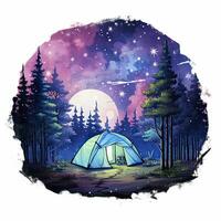 ai genererad en camping tält i de skog med natt himmel, vattenfärg för t-shirt design. ai genererad foto