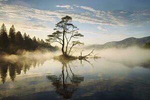 ai genererad wanaka's ensam vide träd som är belägen bara av av de sjö Strand. ai genererad foto