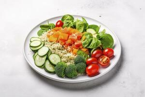 ai genererad sallad med quinoa, spenat, broccoli, tomater, gurkor och morötter. ai genererad foto