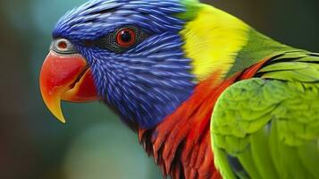 ai genererad sida se närbild av skön och färgrik lorikeet grön naken fågel. generativ ai foto