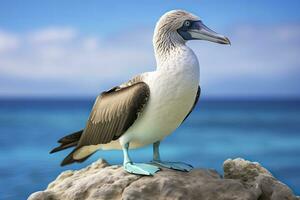 ai genererad de sällsynt blåfotad drummel vilar på de strand. ai genererad foto