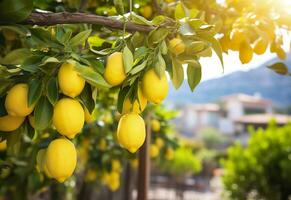 ai genererad citroner växande i en solig trädgård på amalfi kust i Italien. ai genererad foto