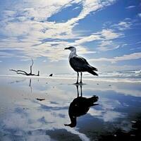 ai genererad fiskmås på de strand under blå himmel. foto