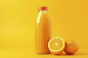 ai genererad orange juice flaska på orange bakgrund. ai genererad foto