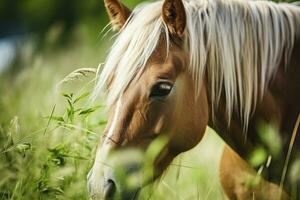 ai genererad brun häst med blond hår äter gräs på en grön äng detalj från de huvud. ai genererad foto