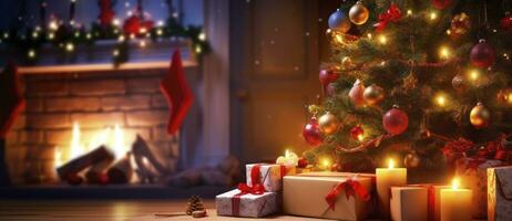 ai genererad jul Hem rum, gåva låda Nedan träd med lampor och öppen spis. ai genererad foto