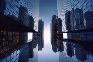 ai genererad reflekterande skyskrapor, företag kontor byggnader. ai genererad foto