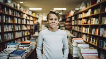 ai genererad söt liten barn på en bibliotek. tillbaka till skola begrepp. foto