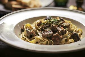 ai genererad tagliatelle med korv och porcini, pasta med korv och sommar cep svamp. generativ ai foto