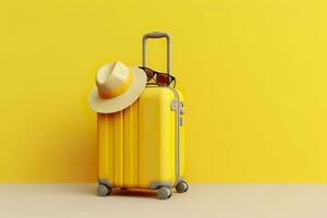 ai genererad gul resväska med Sol glasögon och hatt på gul bakgrund. resa begrepp. generativ ai foto