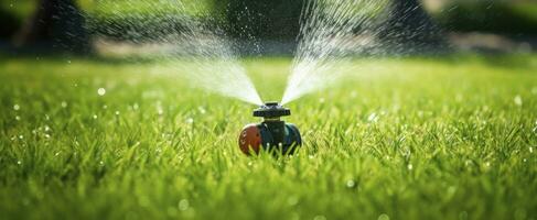 ai genererad automatisk trädgård gräsmatta sprinkler i verkan vattning gräs. ai genererad foto