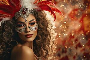 ai genererad en ung kvinna Utsmyckad i en karneval mask mot en festlig karneval bakgrund. foto