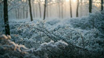 ai genererad frost kysste grenar på gryning markera de först ljus av dag gjutning en mjuk glöd på matt grenar, skapande en fängslande spela av ljus och skugga i de vinter- skog. foto