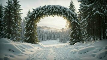 ai genererad snöladdade vintergröna archway konstruera en fängslande sammansättning med vintergröna träd formning en naturlig archway täckt i snö, inbjudande tittare till steg in i en vinter- sagoland. foto