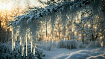 ai genererad en symfoni av istappar skapa en visuellt fantastisk sammansättning förbi fokusera på invecklad istappar hängande från träd grenar, reflekterande de vinter- Sol i en bländande visa av naturlig konst. foto