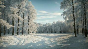 ai genererad fånga de väsen av en vinter- sagoland ram en ren snötäckt skog med varje träd Utsmyckad i blänkande glasera, skapande en magisk atmosfär den där transporter foto