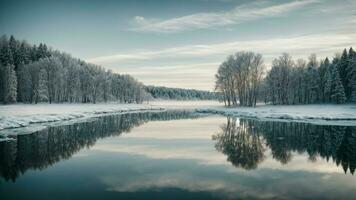 ai genererad vinterns reflexion närvarande en spegelliknande reflexion av snötäckt träd på de glasig yta av en frysta sjö, skapande en visuellt slående och symmetrisk sammansättning. foto