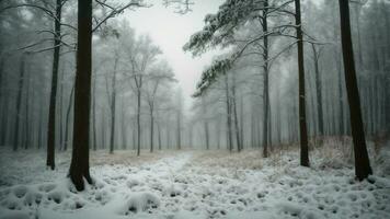 ai genererad undersöka de unik ljudlandskap av en vinter- skog, fokusera på de knasande av snö under fötterna och de tillfällig gnällig av frysta lemmar. foto