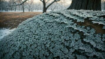 ai genererad detalj de utveckla mönster etsade förbi frost på de bark av en knotig, väder-slagen ek träd. foto