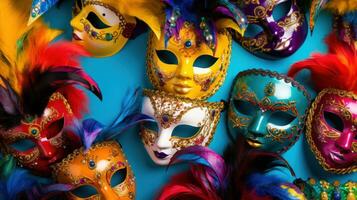 ai genererad färgrik karneval masker mot en vibrerande bakgrund, foto