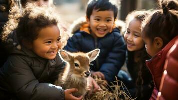 ai genererad grupp av barn samlade in runt om en bebis rådjur, leende och försiktigt petting dess mjuk päls foto