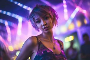 ai genererad porträtt av ung skön asiatisk kvinna dans i natt klubb. foto