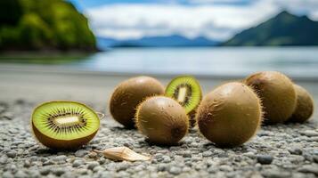 ai genererad färsk kiwi skiva på de strand ai generativ foto