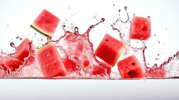 ai genererad porträtt vattenmelon skivor med vatten stänk ai generativ foto