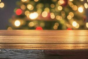 ai genererad trä tabell i främre av jul ljus natt, abstrakt cirkulär bokeh bakgrund. proffs Foto