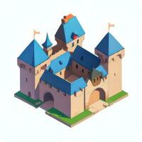ai genererad isometrisk 3d medeltida slott byggnad ikon klämma konst klistermärke dekoration enkel bakgrund foto