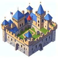 ai genererad isometrisk 3d medeltida slott byggnad ikon klämma konst klistermärke dekoration enkel bakgrund foto