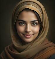 ai genererad skön muslim kvinna leende och skrattande bär en hijab och dekorerad sjal foto