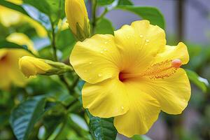 ai genererad stänga upp skön gul hibiskus blomma. ai genererad foto