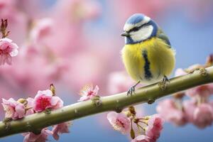 ai genererad en bluetit fågel vilar på de gren av en träd. ai genererad. foto