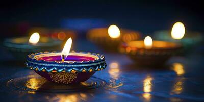 ai genererad Lycklig diwali. diya olja lampor var belyst under de firande. ai genererad foto