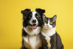 ai genererad katt och hund tillsammans med Lycklig uttryck på gul bakgrund. ai genererad foto