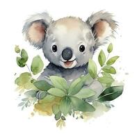 ai genererad Lycklig söt koala i löv i de vattenfärg stil på de vit bakgrund. ai genererad foto