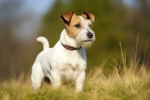 ai genererad Lycklig domkraft russell terrier sällskapsdjur hund väntar, lyssnande i de gräs. ai genererad foto