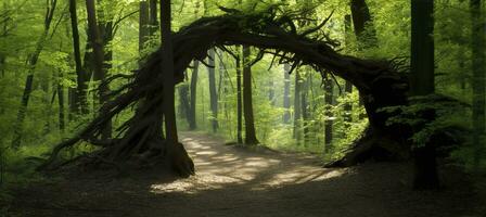 ai genererad naturlig archway formad förbi grenar i de skog. ai genererad foto