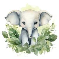 ai genererad Lycklig söt bebis elefant i grön löv i de vattenfärg stil. ai genererad foto