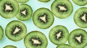 ai genererad skivor av kiwi frukt och grön mynta löv på en ljus pastell blå bakgrund. ai genererad foto