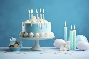 ai genererad födelsedag kaka med ljus och sötsaker på vit tabell nära blå vägg. generativ ai foto