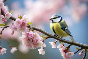 ai genererad en bluetit fågel vilar på de gren av en träd. ai genererad. foto