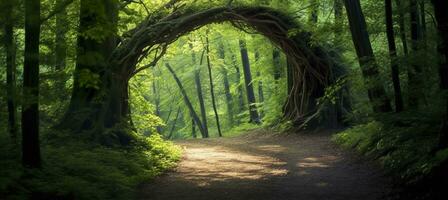 ai genererad naturlig archway formad förbi grenar i de skog. ai genererad foto
