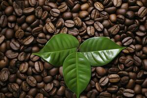 ai genererad grön löv med kaffe bönor som bakgrund. ai genererad foto