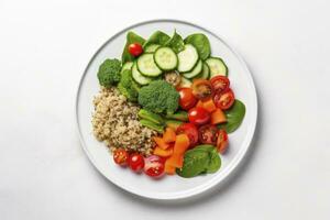 ai genererad sallad med quinoa, spenat, broccoli, tomater, gurkor och morötter. ai genererad foto