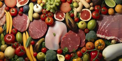 ai genererad annorlunda typer av kött, grönsaker, och frukt lägga i stormarknader. generativ ai foto