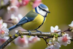 ai genererad en bluetit fågel vilar på de gren av en träd. ai genererad. foto